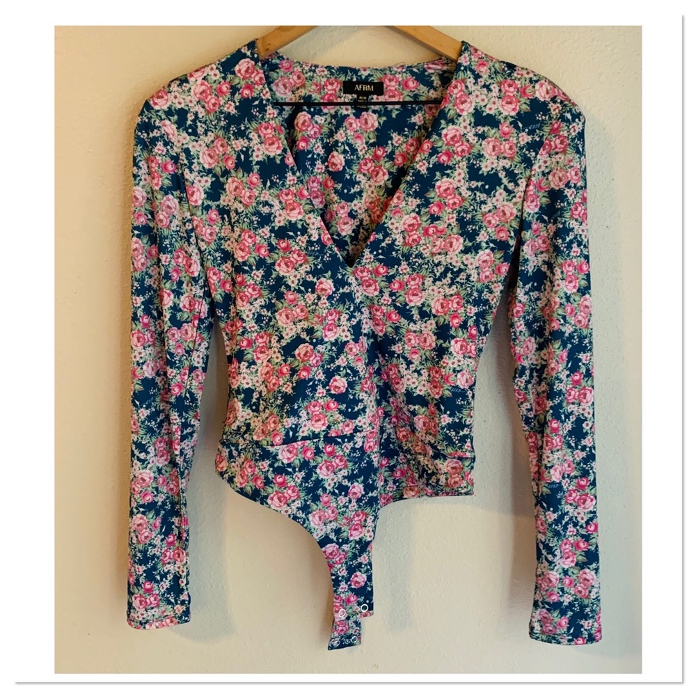 AFRM Sybil Floral Bodysuit Top Long Sleeve Pink Green Size Medium